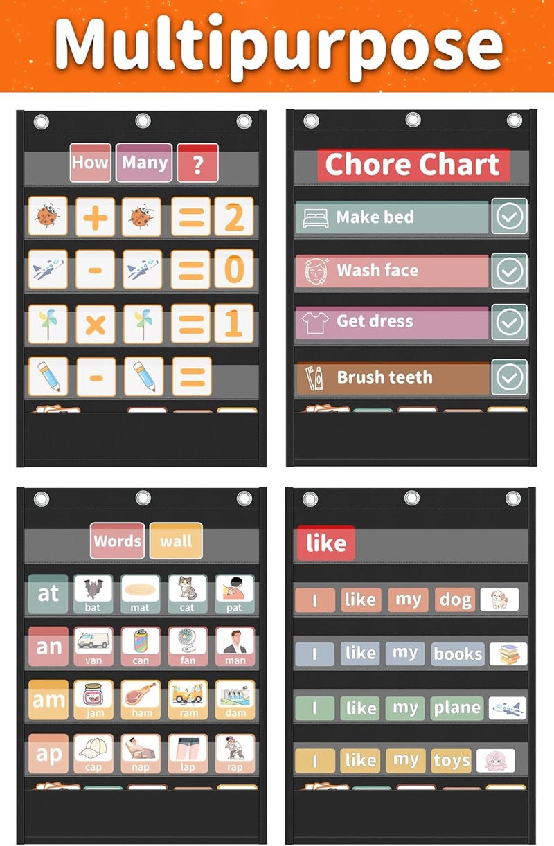 Yoink 5+1 Standard Pocket Chart, 5 Clear Pockets with 1 Extra Storage for Classroom Alphabet Learning, Chore Chart, Word Wall and Sentence Strips Chart for Teachers, Black (25.2" x 17.1") - Image 3